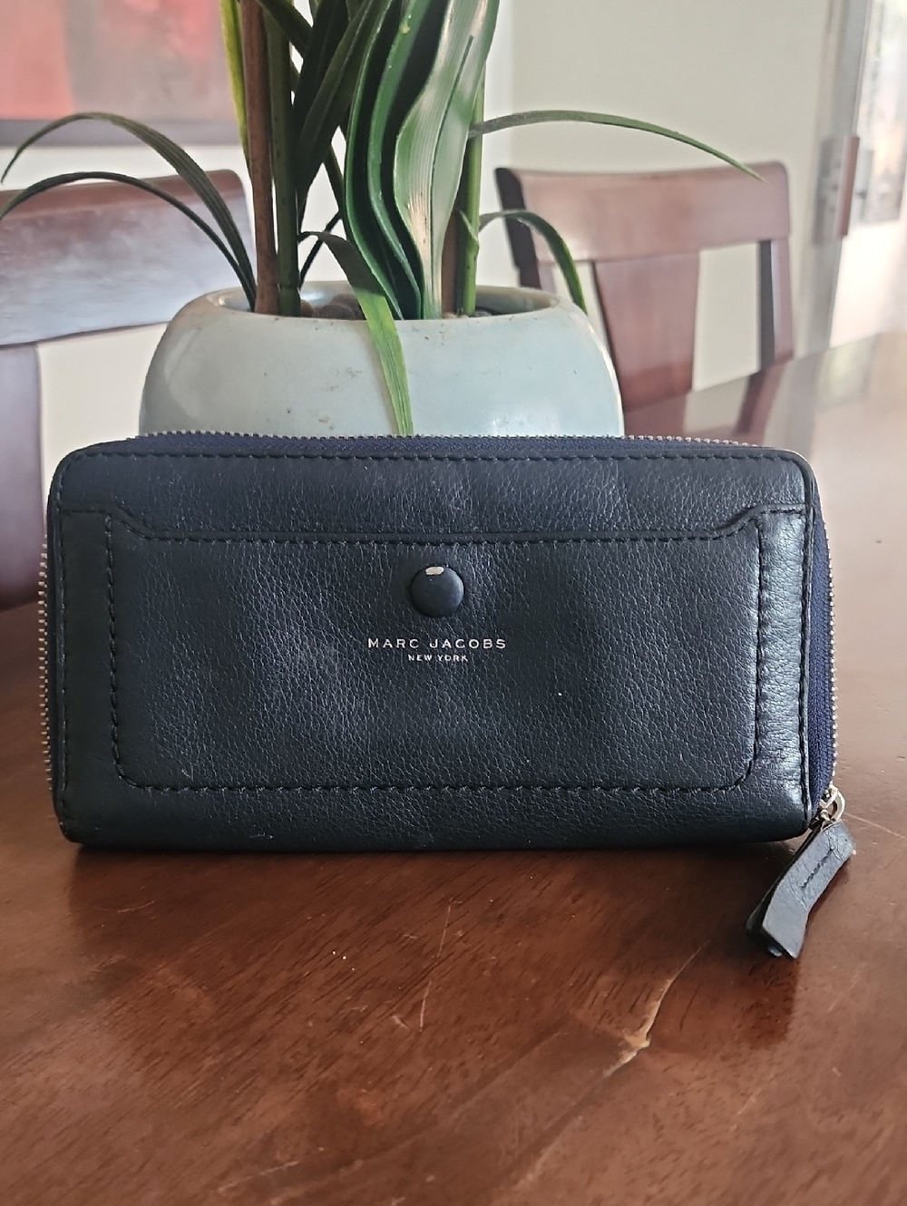 Marc Jacobs Black Leather Zip Around Wallet with Snap Pocket